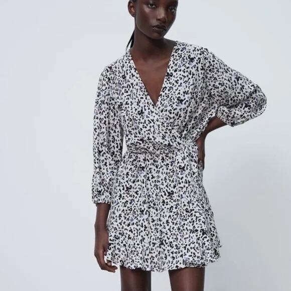Zara White Black Leopard Long Sleeve V Neck Pleated Faux Wrap Aline Mini Dress L - Picture 1 of 5